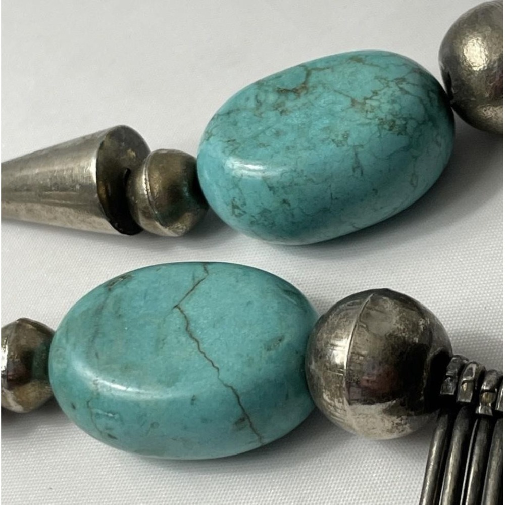 Vintage Fringe Statement Necklace Faux Turquoise Silver Tone 21.5" Boho Beaded - Picture 7 of 9